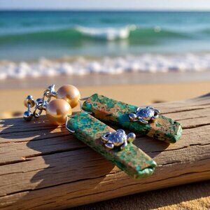 Handmade: Sea Turtle & Turquoise + Sand Colored Sea Sediment Jasper Bar Earrings